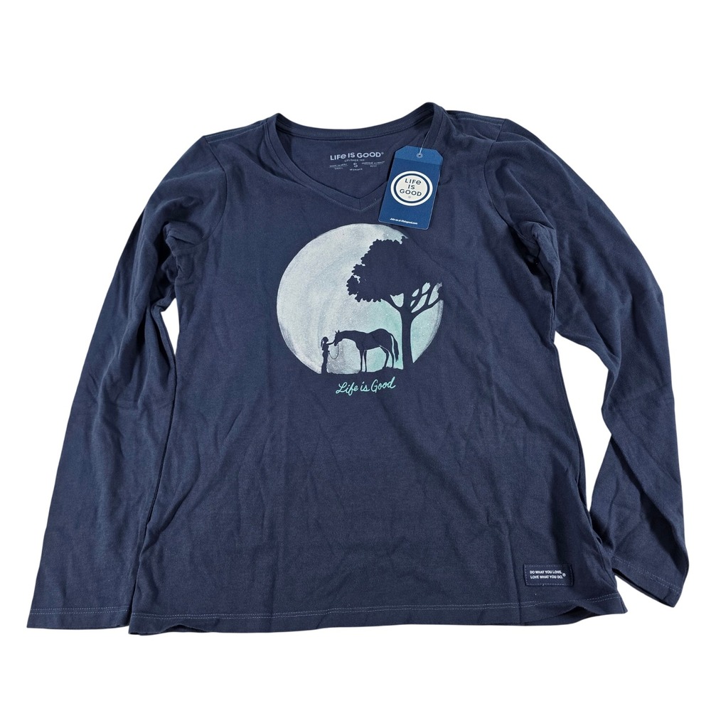 Life is Good Womens Navy Blue Horse Moon Graphic Crusher Tee V-Neck Long Sleeve